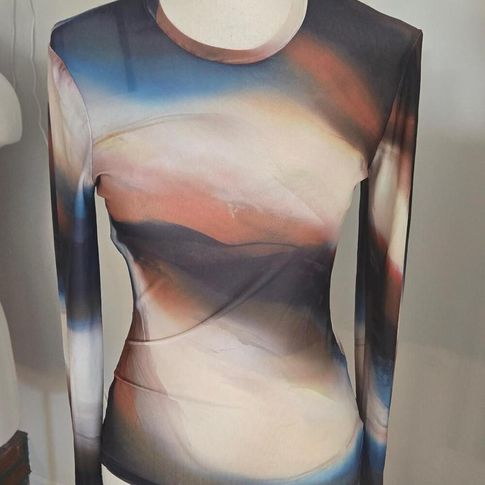 Abstract watercolor-style print long sleeve nylon & spandex top small